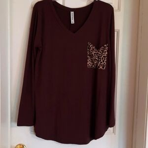 Brown long sleeve with leopard pocket boho Blouse zenana premium